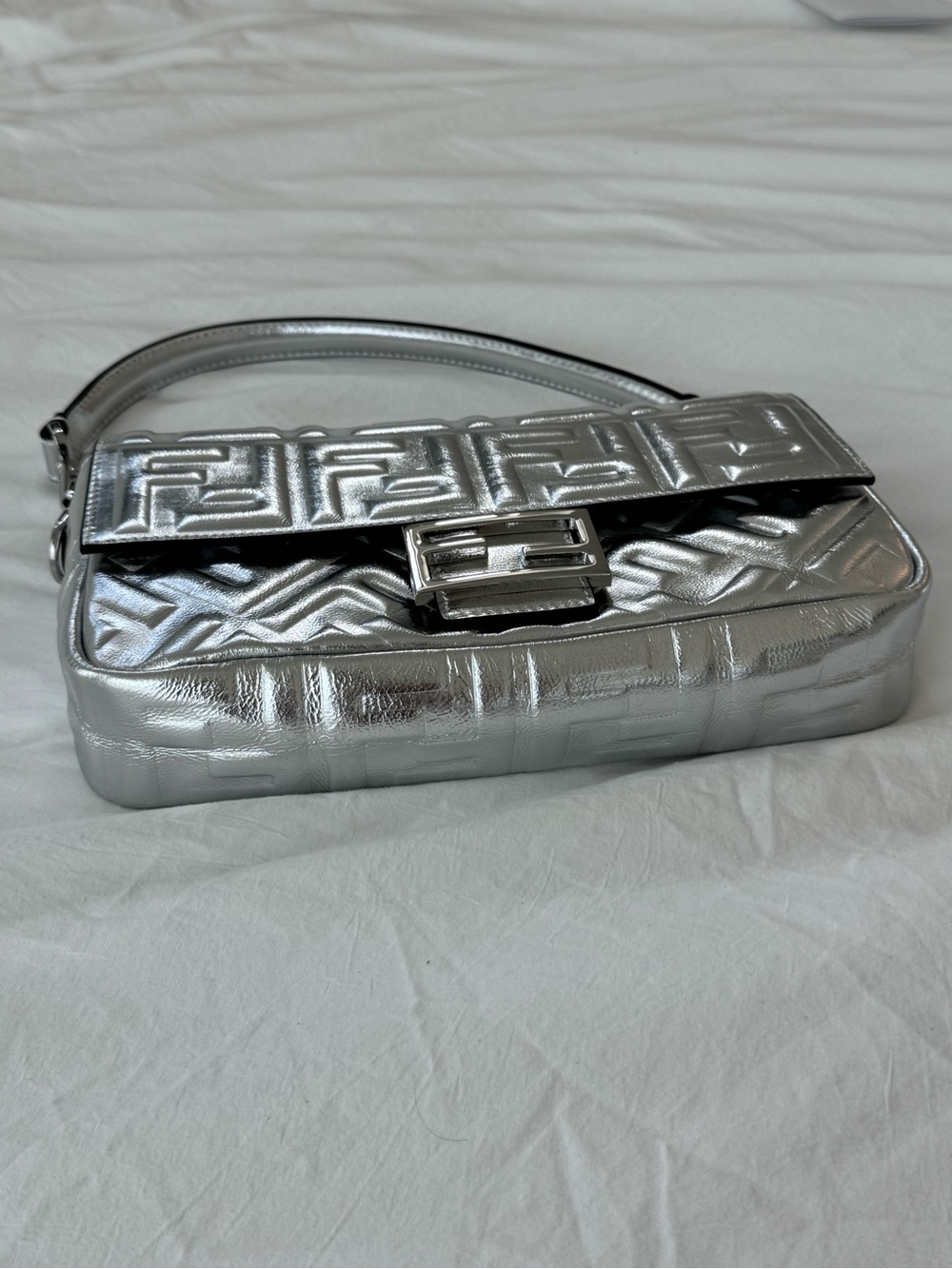 Vintage Fendi Baguette Metallic Silver Embossed Shoulder Bag - Picture 7 of 11